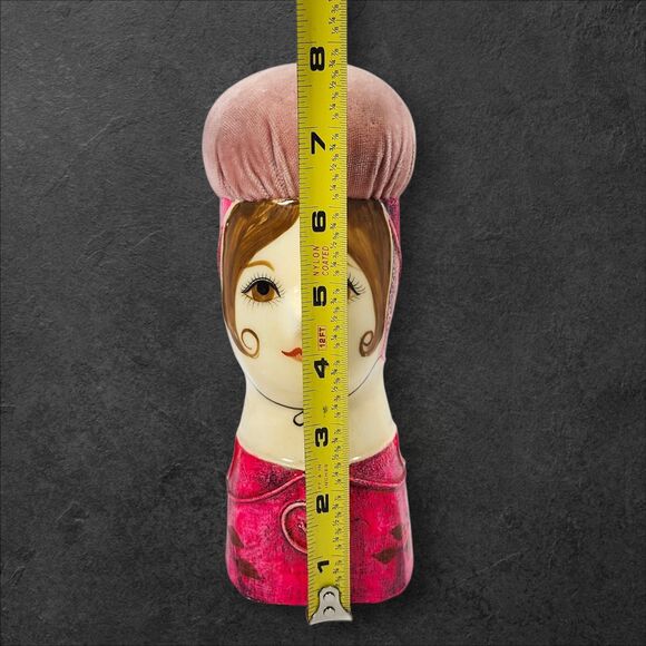 Vintage Papier-Mâché Lady Head Pin Cushion, Gemma Taccogna Style, 8" Pink MCM - Picture 12 of 12
